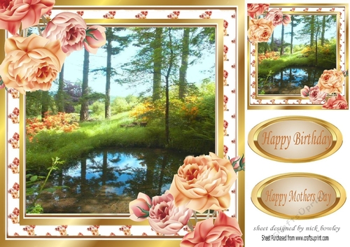 Pretty woodland with pond and peach/pink roses 8x8
