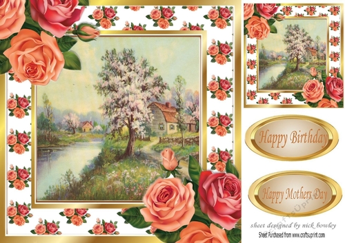 Pretty woodland with cottage and stream with pink/peach roses 8x8