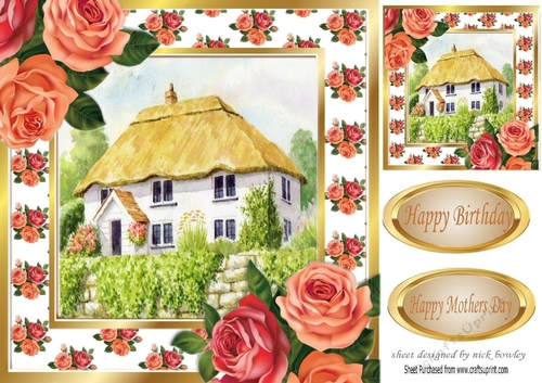 Lovely white cottage with thatched roof and roses 8x8
