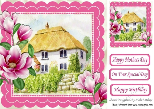 Cottage with thatched roof and pink magnolias 8x8