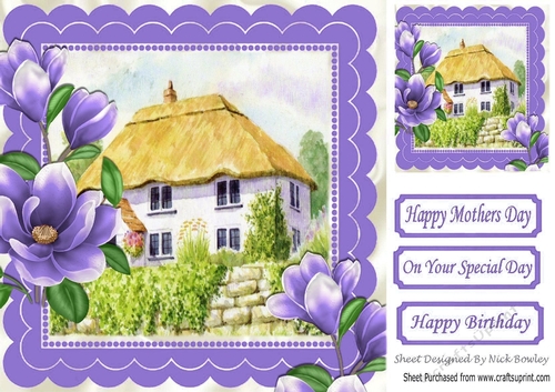 Cottage with thatched roof and purple magnolias 8x8