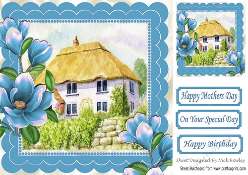 Cottage with thatched roof and blue magnolias 8x8