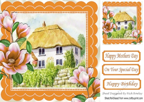 Cottage with thatched roof and peach magnolias 8x8