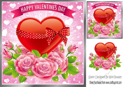 Red Heart with pink roses 8x8
