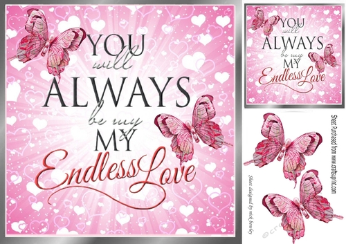 My Endless Love  with script and pink butterflies card front 8x8