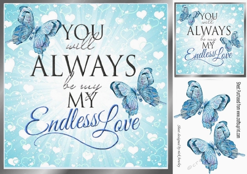 My Endless Love  with script and blue butterflies card front 8x8