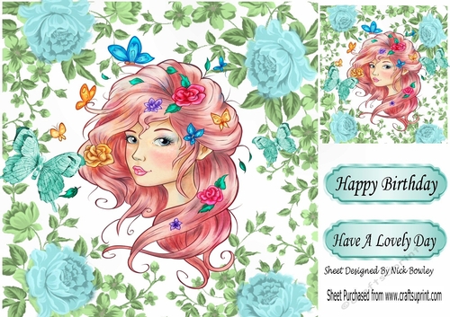 Pretty girl with butterflies and roses 8x8
