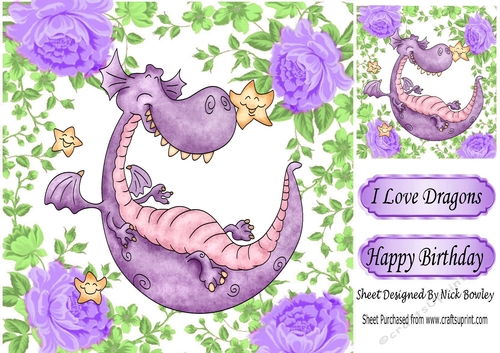 I Love Dragons, in a frame of purple roses 8x8