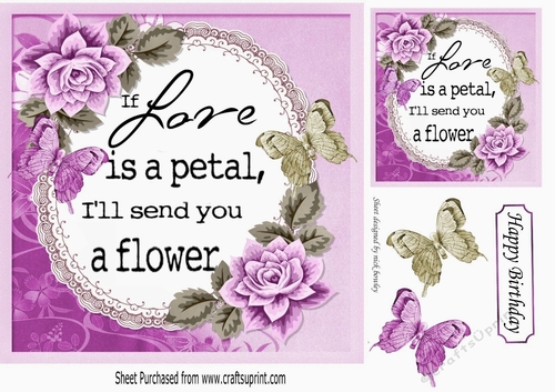 Roses and petals with verse and butterflies card fronts (lilac)