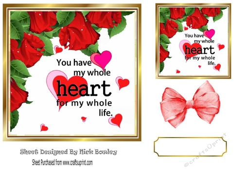 Pretty red corner roses with romantic verse & bow 5x5 card front