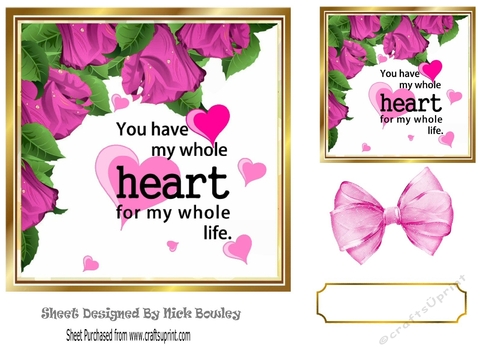 Pretty pink corner roses with romantic verse & bow 5x5 card front
