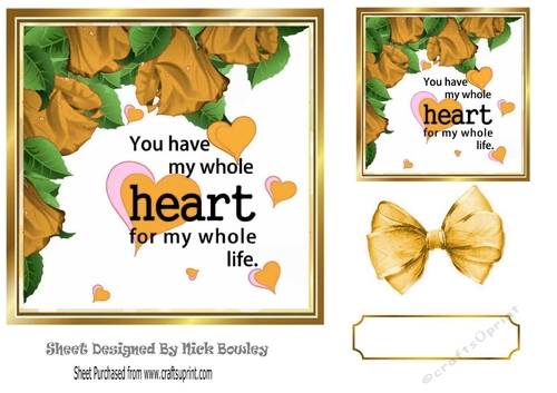 Pretty gold corner roses with romantic verse & bow 5x5 card front