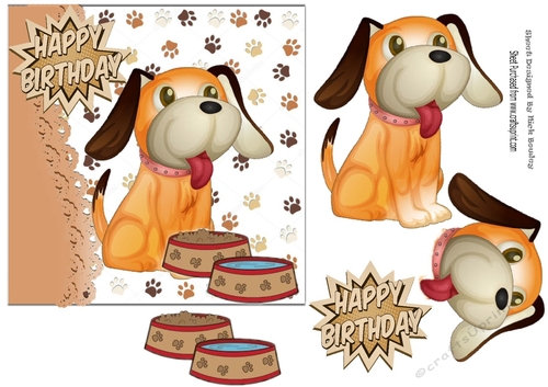 cute cartoon dog with his bowls of food looking very hungry  5x5
