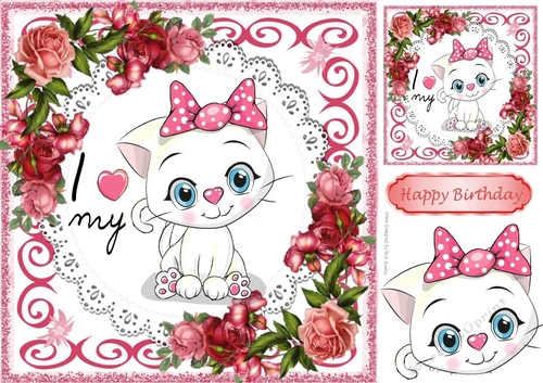 I Love my Kitty with pretty pink/red roses 8x8