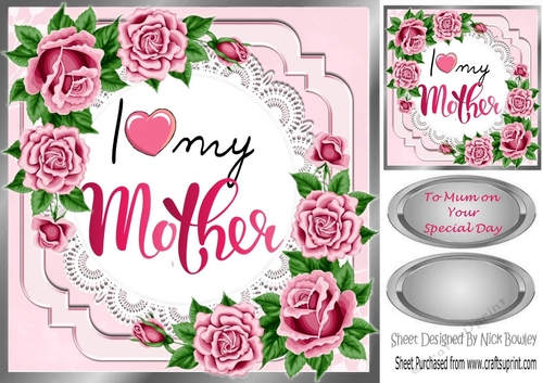 I Love my Mother with pretty pink roses on lace 8x8
