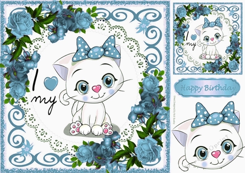 I Love my Kitty with pretty blue roses 8x8