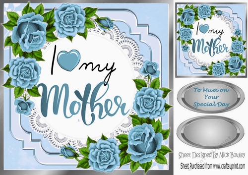 I Love my Mother with pretty blue roses on lace 8x8