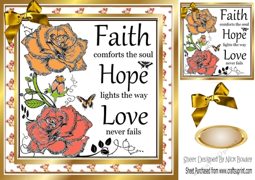 Pretty painted  peach roses FAITH, HOPE LOVE  8X8