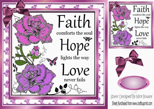 Pretty painted  pink/lilac roses FAITH, HOPE LOVE  8X8