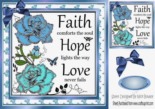 Pretty painted blue shades of roses FAITH, HOPE LOVE  8X8