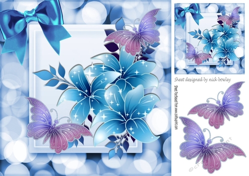 Beautiful blue sparkle flowers with butterflies and bow 8x8