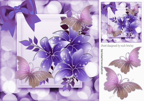 Beautiful lilac sparkle flowers with butterflies and bow 8x8