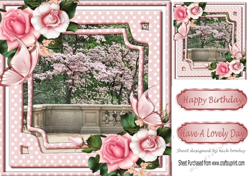 Pretty garden scene adorned with pink roses 8x8