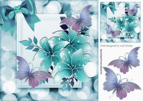 Beautiful turq sparkle flowers with butterflies and bow 8x8