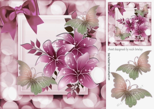 Beautiful pink sparkle flowers with butterflies and bow 8x8