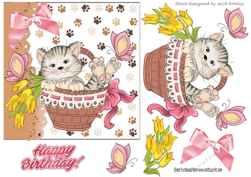 cute kitty in basket with daffodils and butterflies 5x5