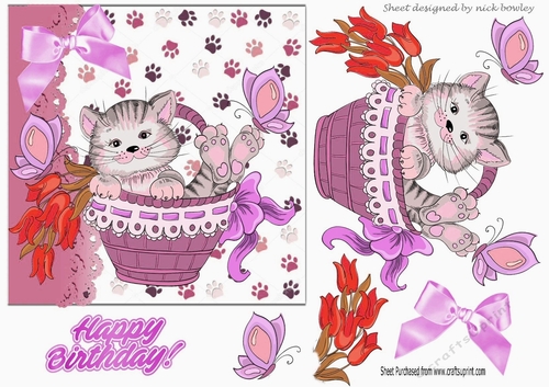 cute kitty in basket with daffodils and purple butterflies 5x5