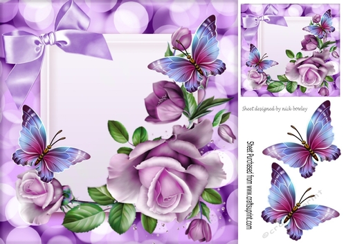Pretty purple roses with butterflies 8x8