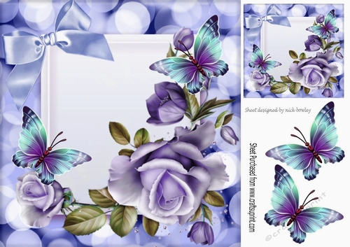 Pretty purple roses with butterflies , purple bow 8x8