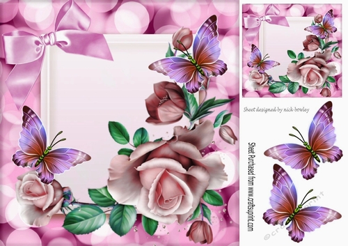 Pretty pink roses with butterflies , pink bow 8x8
