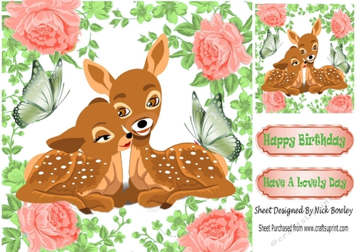 cute deers in a frame of peach roses with butterflies 8x8