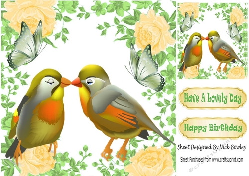 cute pair of love birds in a frame of gold roses with butterflies 8x8