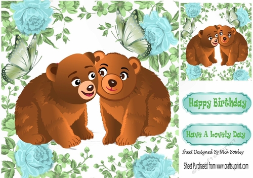 cute pair of bears cuddling in a frame of  blue roses with butterflies 8x8