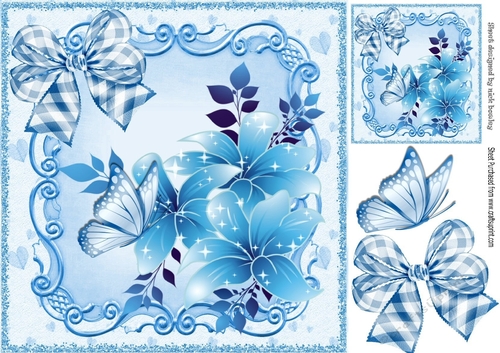 pretty blue butterflies in scroll frame with flowers 8x8