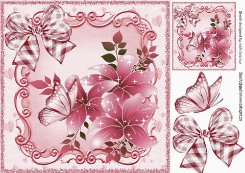 pretty pink butterflies in scroll frame with flowers 8x8