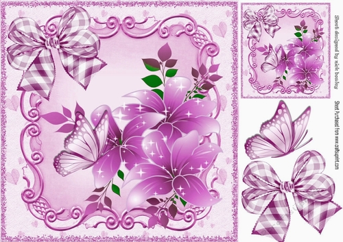 pretty lilac butterflies in scroll frame with flowers 8x8