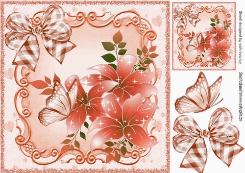 pretty peach butterflies in scroll frame with flowers 8x8