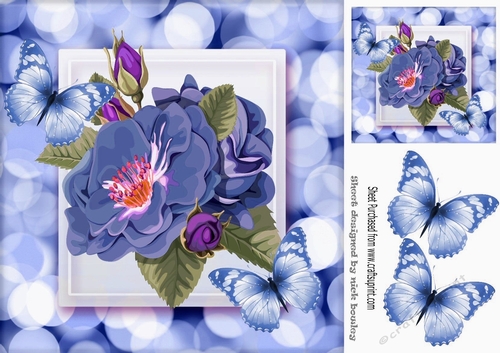 Pretty blue flowers  with lovely blue butterflies 8x8