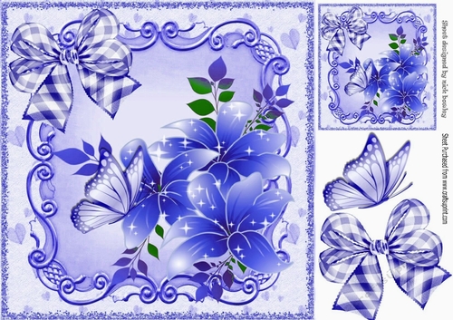 pretty  butterflies in lovely scroll frame with blue flowers 8x8