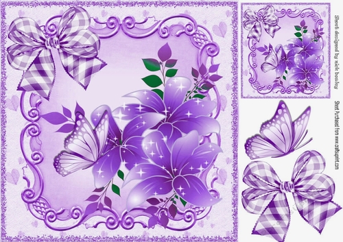 pretty  butterflies in lovely scroll frame with purple flowers 8x8