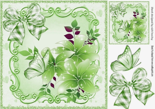 pretty green butterflies in lovely scroll frame with flowers 8x8
