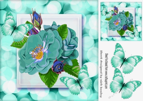 Pretty turq flowers  with lovely turq butterflies 8x8