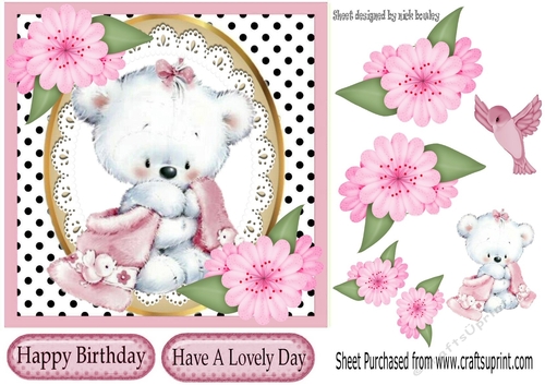 Cute teddy bear with blanket and pink flowers 7x7
