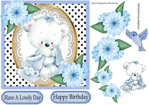 Cute teddy bear with blanket and blue flowers 7x7