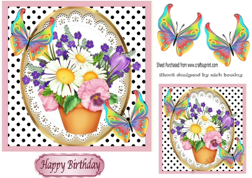 Pretty pot of flowers and pansies with colourful butterflies 7x7