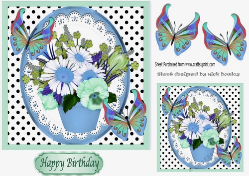 blue pot of flowers and pansies with colourful butterflies 7x7